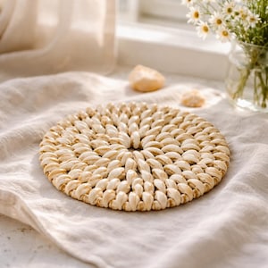 Vintage Cowrie Shell Trivet Mat | Coastal Boho Table Decor | Round Shell Centerpiece Beach Cottage Decor