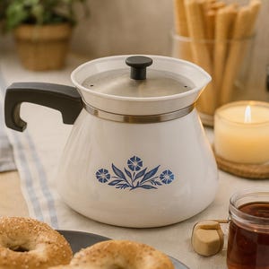 Vintage Corning Ware Teapot, Blue Cornflower Tea Kettle, Milk Glass Stovetop Kettle, Retro Farmhouse Kitchen Decor