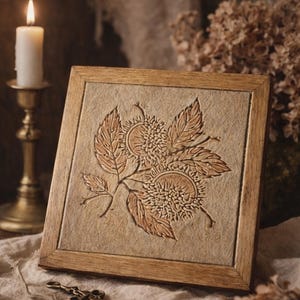 May include: A square, wooden-framed artwork featuring a detailed relief of a botanical design, possibly chestnuts and leaves. The artwork is in warm, earthy tones and sits on a textured surface. A lit candle and antique key are also in the image.