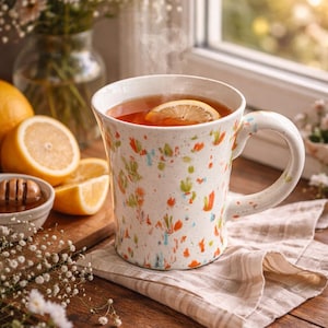 May include: A white ceramic mug with colorful splatter paint design, filled with tea and a lemon slice. The mug sits on a beige linen napkin, with lemons, honey, and flowers nearby. Steam rises from the tea, suggesting warmth.