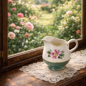 May include: A white and teal ceramic creamer with a floral design, set on a lace doily near a window. The creamer features a pink flower and green leaves. The background shows a garden with pink roses.