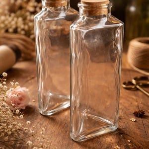 May include: Two clear, rectangular glass bottles with cork stoppers. The bottles are empty and sit on a wooden surface. The background includes flowers and other decorative elements, suggesting a rustic or vintage theme.