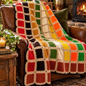 Colorful Granny Square Crochet Afghan Blanket | Retro 70s Rainbow Patchwork | Handmade Vintage Bed Throw
