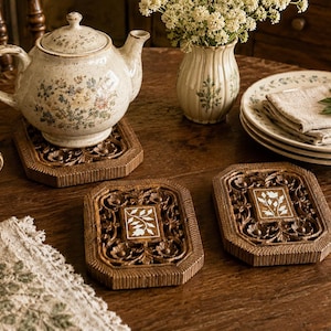 Carved Indian Wooden Trivets Set of 3 | Vintage Floral Carved Wood Hot Plate Holders | Boho Cottage Kitchen Decor | Echoes & Earth