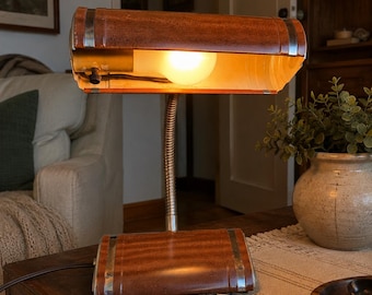 Mid Century Faux Wood Desk Lamp | Adjustable Gooseneck Reading Light | Old World Office Decor