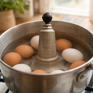 May include: A stainless steel pot filled with water and several brown and white eggs surrounding a central metal egg timer device. The timer features a black knob on top and engraved text markings for MED, SOFT, and VERY SOFT to monitor the cooking process.
