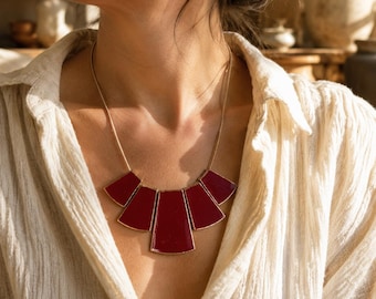 Burgundy Enamel Fan Necklace, Gold Tone Statement Bib, Bold Retro Glam Jewelry, Geometric Pendant Necklace