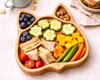 Fox Shaped Wooden Kids Plate Divided Snack Tray Toddler Food Dish Baby Feeding Board Cute Animal Breakfast Gift