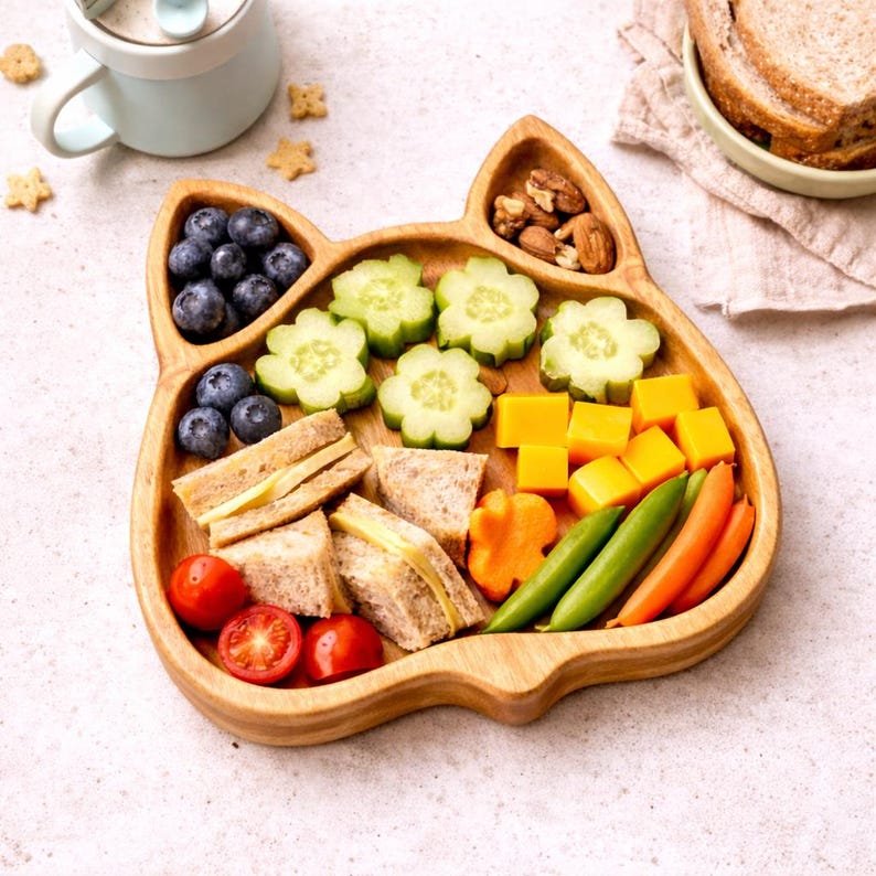 Fox Shaped Wooden Kids Plate Divided Snack Tray Toddler Food Dish Baby Feeding Board Cute Animal Breakfast Gift