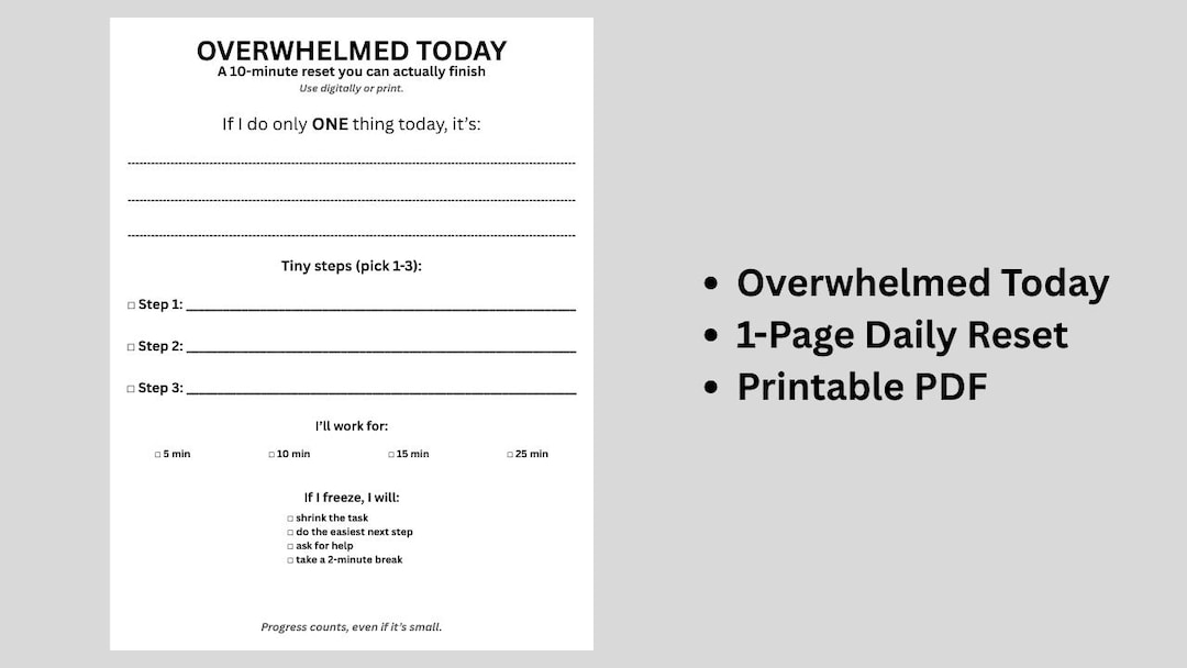 Overwhelmed Today Printable | 1 Page Daily Reset | Minimalist Planner ...