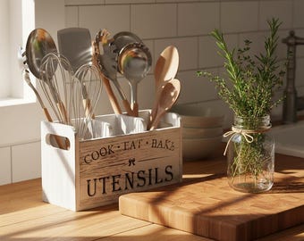 Farmhouse Wooden Utensil Holder, Rustic Kitchen Counter Organizer, Cutlery Storage Box