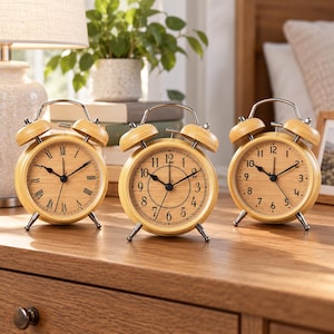 Puede incluir: Tres despertadores analógicos redondos con marcos de madera clara y campanas de metal plateado en la parte superior. Cada reloj tiene una esfera de madera clara con manecillas y números negros. Uno muestra números romanos y los otros dos números arábigos.