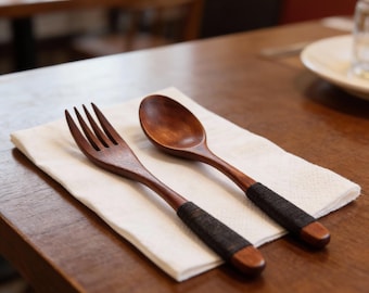 Juego de cuchara y tenedor de madera natural, cubiertos de madera ecológicos hechos a mano, utensilios de cocina