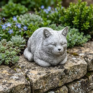 Può includere: Una statua di gatto in pietra grigia con gli occhi chiusi, appoggiata su un muro di pietra usurata. Il gatto è rannicchiato, con una texture di pelliccia dettagliata. Piante verdi e fiori blu compongono lo sfondo.