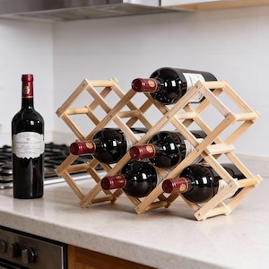 May include: A wooden wine rack holding six bottles of red wine. The rack is made of light-colored wood and has a diamond-shaped design. One bottle of red wine stands upright next to the rack. The bottles have red and white labels.