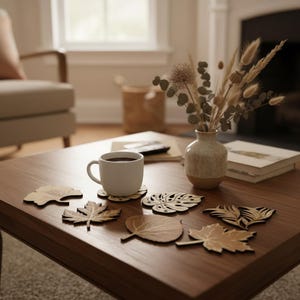 Lövformade träunderlägg, botaniska drinkunderlägg för heminredning