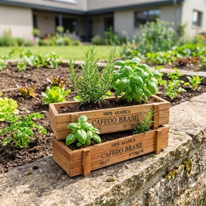 Puede incluir: Dos jardineras de madera llenas de tierra y hierbas, incluyendo albahaca y romero. Las jardineras están apiladas sobre un muro de piedra en un jardín. El texto en las jardineras dice "100% ARABICA CAFEDO BRASIL".