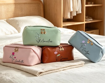 Leder Make-up Tasche, personalisierte Brautjungfer Geschenke, Hochzeit Make-up Tasche, Brautparty Geschenk, Kosmetiktasche mit Namen, Geschenk für Frauen
