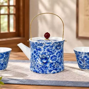 May include: A ceramic teapot and two matching tea cups featuring a vibrant blue and white floral pattern. The teapot has a white spout, a gold-toned metal swing handle, and a lid topped with a small, round, dark red decorative knob.