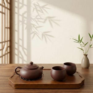 May include: A dark brown clay teapot and two matching rounded cups are arranged on a rectangular wooden serving tray. The teapot features a lid with a small knob and a curved handle. The cups are smooth and handleless.
