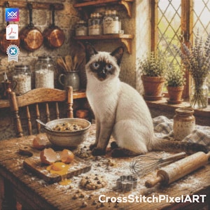 May include: A cross-stitch pattern featuring a Siamese cat sitting on a wooden kitchen table covered in flour. The scene includes a bowl of dough, cracked eggs, a rolling pin, a whisk, and a cookie cutter. The text CrossStitchPixelART is visible.