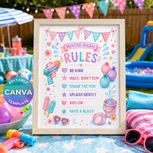 May include: A framed sign featuring the text WATER BASH RULES with colorful illustrations of water balloons, a water gun, popsicles, and heart-shaped sunglasses. The design includes pastel bunting and a list of rules like BE KIND and HAVE A BLAST.