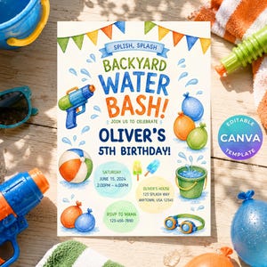 Einladung zur Gartenparty mit Wasserspielen – Sommerliche Wasserbomben-Einladung – Bearbeitbare Canva-Vorlage