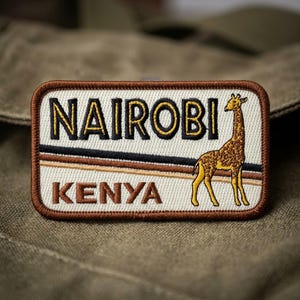 May include: A rectangular embroidered patch with a cream background, a brown border, and the text NAIROBI in black letters above KENYA in brown letters. A brown and yellow giraffe illustration sits on the right, with horizontal stripes.