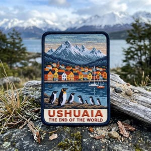 May include: A rectangular embroidered patch featuring a landscape of Ushuaia with snow-capped mountains, colorful houses, sailboats on the water, and a group of penguins on the shore. The text reads USHUAIA THE END OF THE WORLD in orange letters.