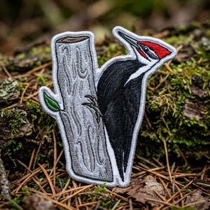 May include: An embroidered patch featuring a black woodpecker with a bright red crest perched on a light gray tree trunk. The design includes a small green leaf on the side of the trunk, with white stitching outlining the entire shape of the patch.