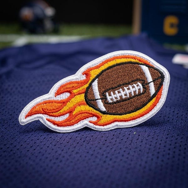 Embroidered Football Patch with Flames – Iron-On/Sew-On Jacket, Hat, Bag Applique