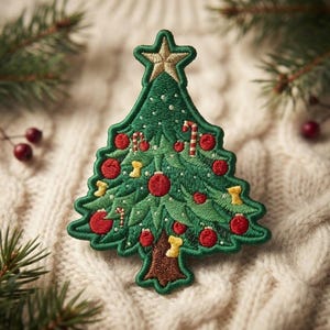May include: An embroidered patch shaped like a Christmas tree with a gold star at the top. The tree is green with red ornaments, small yellow stockings, and candy canes. The embroidery features detailed stitching on a dark green border.