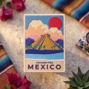Chichen Itza Mexico Embroidered Patch, Mayan Pyramid Travel Souvenir, Mexican Landmark Iron On Backpack Patch