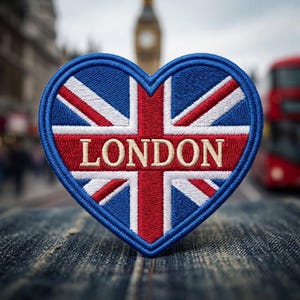 May include: A heart-shaped embroidered patch featuring the Union Jack flag design in red, white, and blue. The word LONDON is stitched in beige capital letters across the center of the patch, which has a thick blue border around the edge.