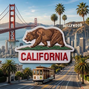 May include: A rectangular embroidered patch featuring a brown grizzly bear walking on a green patch of grass above the red text CALIFORNIA. The patch is set against a background of the Golden Gate Bridge, palm trees, and the Hollywood sign.