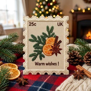 May include: A rectangular embroidered patch shaped like a postage stamp on a beige fabric base. It features green pine needles, two orange slices, cinnamon sticks, and a star anise. Text reads 25c, UK, and Warm wishes ! in brown thread.