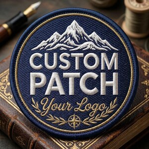 May include: A navy blue, circular custom patch with white embroidered text reading "CUSTOM PATCH" and "Your Logo". The patch features a mountain range design and a gold border. A compass rose is at the bottom.