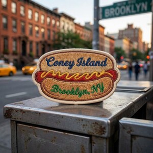 May include: An oval-shaped embroidered patch featuring a hot dog graphic with a yellow mustard squiggle. The text 'Coney Island' is stitched in blue above the hot dog, and 'Brooklyn, NY' is stitched in green below the hot dog on a tan background.