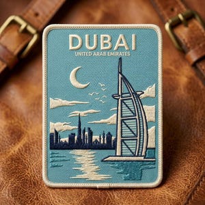May include: A rectangular embroidered patch featuring a light blue background with the text DUBAI UNITED ARAB EMIRATES. The design depicts the Burj Al Arab, a city skyline, a crescent moon, birds, and clouds in cream and dark blue thread.
