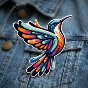 May include: An embroidered iron-on patch featuring a hummingbird in flight. The bird is depicted with vibrant, multi-colored thread work including shades of orange, pink, light blue, dark blue, and white, all outlined with a thick white border.