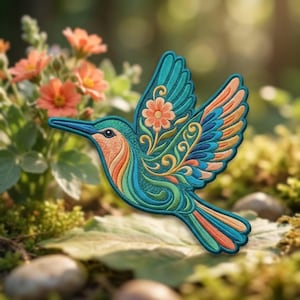 May include: An embroidered patch shaped like a hummingbird in flight, featuring intricate teal, orange, and yellow thread work. The design includes swirling patterns and a small flower on the wing, with a long beak and detailed feather textures.