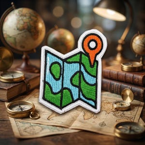 May include: An embroidered patch featuring a stylized, folded map design with green landmasses, light blue water, and a bold orange location pin icon. The patch has a thick white border and black outlines defining the map's segments.