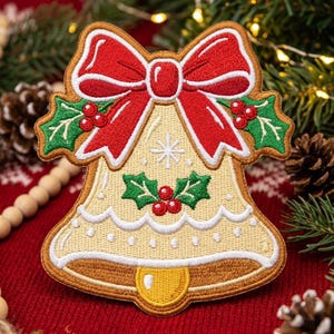 May include: An embroidered patch shaped like a cream-colored Christmas bell. The bell features a large red bow at the top, green holly leaves with red berries, and a small white snowflake design. The bottom edge is trimmed in white.
