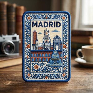 May include: A rectangular embroidered patch featuring the word MADRID in dark blue text. The design depicts a city skyline with a central building, a fountain, and an arched structure, all framed by an intricate blue and orange floral border.
