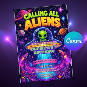 Könnte beinhalten: Ein rechteckiger Geburtstagseinladungs-Flyer mit einem grünen Alien in einer fliegenden Untertasse vor einem violetten Weltraumhintergrund mit Planeten, Raketen und Sternen. Der Text lautet: CALLING ALL ALIENS, JOIN US TO CELEBRATE DANIEL'S 5TH BIRTHDAY, SATURDAY, OCTOBER 21, 3:00-5:00 PM, THE SPACE PARTY, 123 ANYWHERE ST., ANY CITY, RSVP TO AMMY AT 123.456.789.