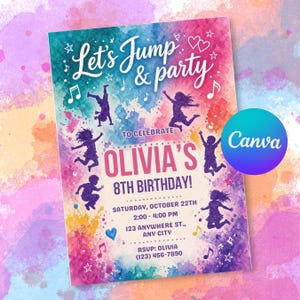 May include: A rectangular birthday invitation card with a vibrant watercolour background in shades of pink, blue, and purple. The text reads Let's Jump & party to celebrate Olivia's 8th birthday, Saturday, October 22nd, 2:00-4:00 PM, 123 Anywhere St.