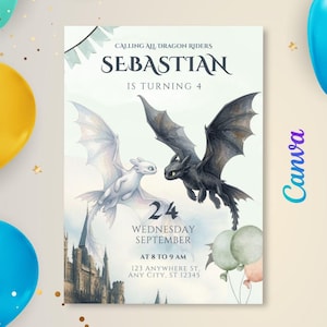 May include: A birthday invitation card featuring a white dragon and a black dragon flying above a castle. The text reads: Calling all dragon riders, Sebastian is turning 4, 24 Wednesday September, at 8 to 9 AM, 123 Anywhere St, Any City, ST 12345.
