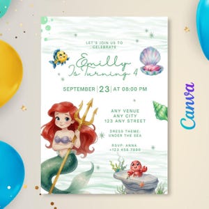 May include: A birthday invitation card featuring a watercolour illustration of a mermaid with red hair holding a gold trident, a yellow fish, a crab on a rock, and a seashell. The text reads: Let's join us to celebrate Emilly is turning 4.