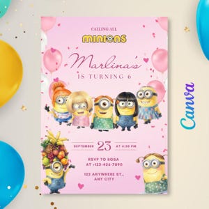 Puede incluir: Una tarjeta de invitación de cumpleaños rosa con personajes Minions, globos y confeti. El texto dice: CALLING ALL MINIONS, Marlina's IS TURNING 6, SEPTEMBER 23 AT 4:30 PM, RSVP TO ROSA AT +123-456-7890, 123 ANYWHERE ST., ANY CITY.