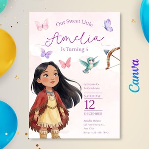 May include: A birthday invitation card featuring a cartoon character with long black hair, a tan dress, and a red cape. The text reads Our Sweet Little Amelia Is Turning 5, Let's Join Us To Celebrate, Saturday 12 December, Amelia House, 123 Anywhere St.